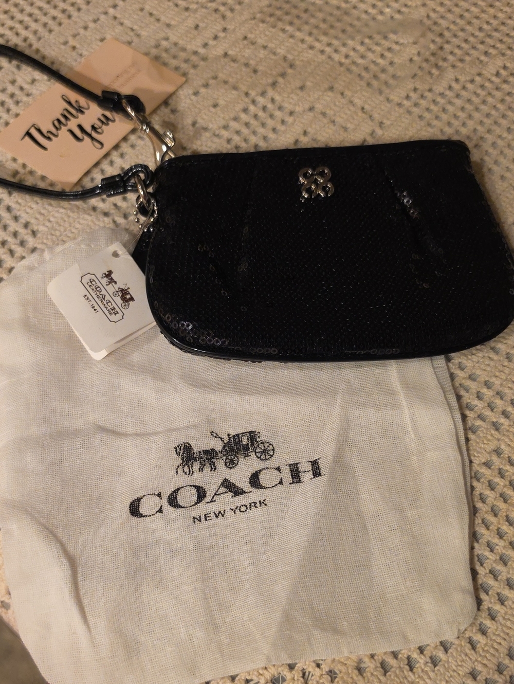 Coach Black Sequin Clutch Wristlet With Linen Dust Bag